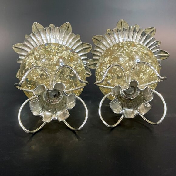 Vintage Lucite Ball Candle Holders Clear with Silver Flecks Metal Top and Base - Picture 4 of 5